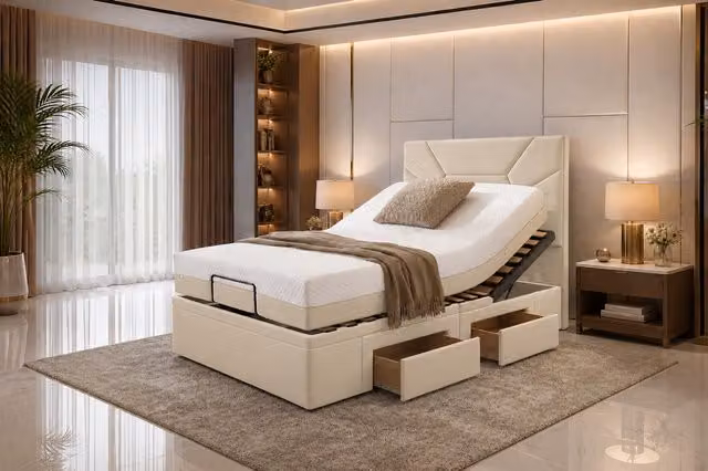 EliteFlex Electric Adjustable Bed with Mattress and Drawers in Beige and Silver