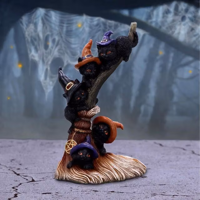 Nemesis Now Broomstick Kindle Witchy Black Cats Ornament, Black, Height: 21 cm
