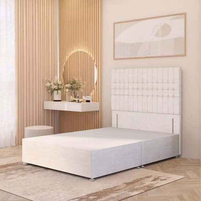 Somnior Beds Ltd Lexington Divan Bed Base with 54 inch Floor Standing Headboard in Ivory Plush Velvet, W/D/H: 90 x 190 cm