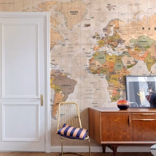 Grandeco World Map 7 Lane Textured Vinyl Mural, Multicolour, W: 280 cm, H: 371 cm