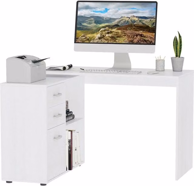 Rolipo Modern L-Shaped Corner Computer Desk with Drawers and File Cabinet in White, W/D/H: 117 x 83.5 cm