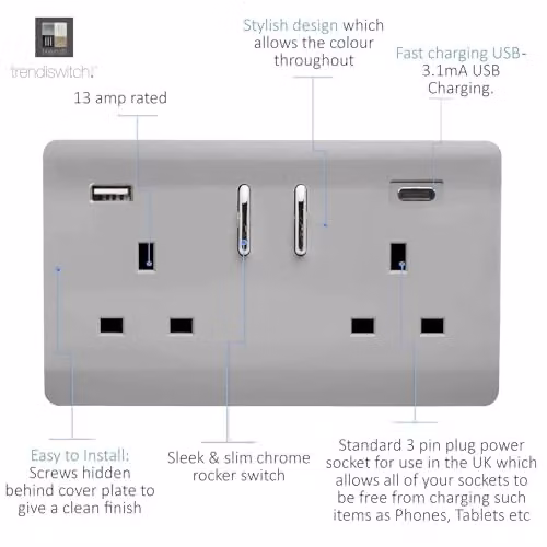 Trendi 2 Gang 13 Amp Flush Socket with 2 x Type A & C 3.1A USB Ports in Brushed Steel Silver/Grey