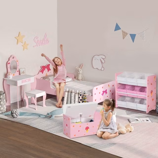 ZONEKIZ 5-Piece Pink Kids Bedroom Furniture Set with Bed, Dresser Vanity and Bench