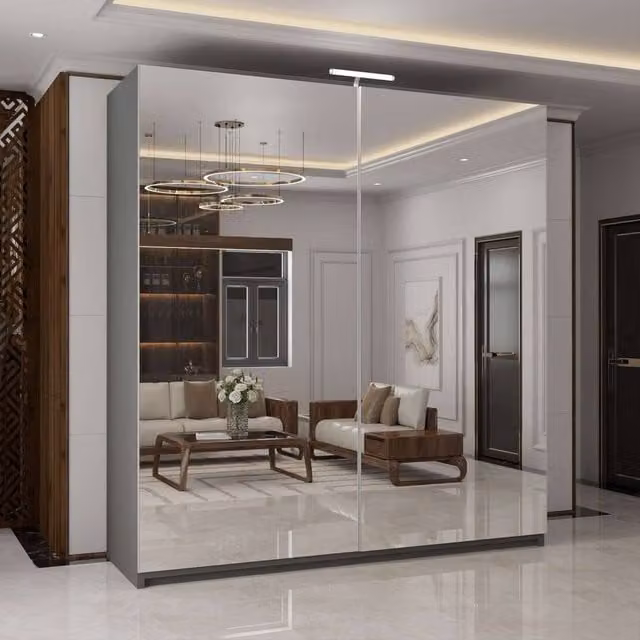 MN Furniture Modern Double Mirror Sliding Wardrobe with Integrated LED Lighting, Grey, W: 200 cm, H: 217 cm