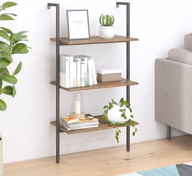 Berkfield Home 3-Tier Industrial Leaning Ladder Shelf in Dark Brown and Black, W: 64 cm, D: 35 cm, H: 120.5 cm