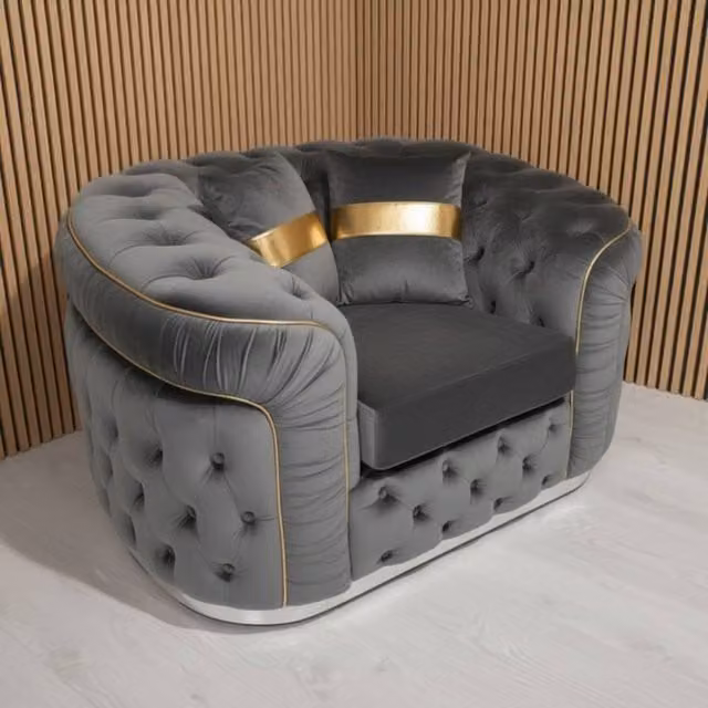 Stratus Interiors Ambassador Chesterfield Sofa in Silver Plush Velvet with Gold Trim