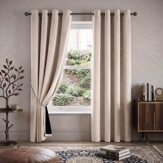 Livinluxury Velvet Look Thermal Insulating Blackout Eyelet Curtains, Beige, Height: 229 cm
