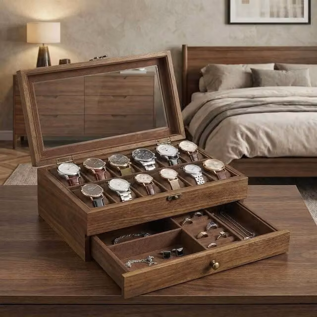 EONLION Brown Solid Wood Watch Box with 12 Slots