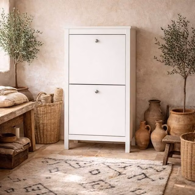 Wyld Haus Gossmere 2 Door White Shoe Cabinet with Tilting Compartments and Internal Shelves, W/D/H: 123 x 24.6 x 53.8 cm
