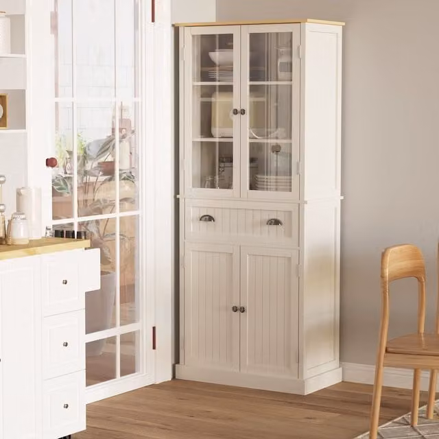 HOMCOM White 5-Tier Kitchen Cupboard Tall Storage Unit with Glass Doors and Adjustable Shelves, H: 182.5 cm, W: 76.0 cm