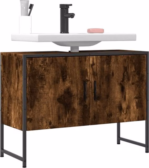 Berkfield Home Smoked Oak Wall Mounted Bathroom Sink Cabinet, Brown, W: 80 cm, D: 33 cm, H: 60 cm