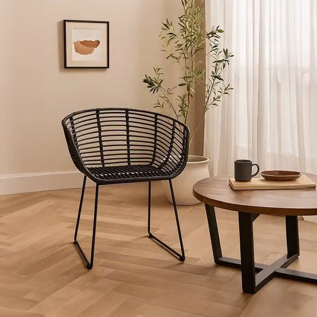 Orsina Modern Black Matt Polyrattan Armchair for Dining Room, Living Room or Garden, W/D/H: 61 x 73 x 61 cm