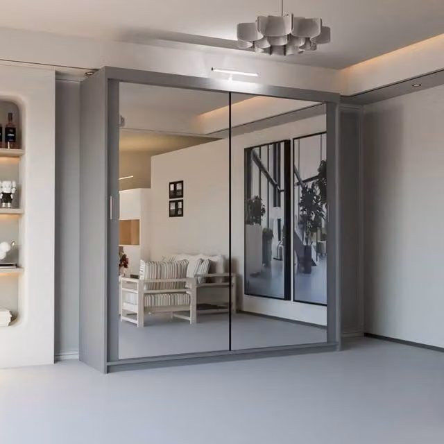 Sliding Wardrobes 4U Modern Grey Mirror Sliding Wardrobe with Integrated LED Lighting, W: 180 cm, H: 217 cm