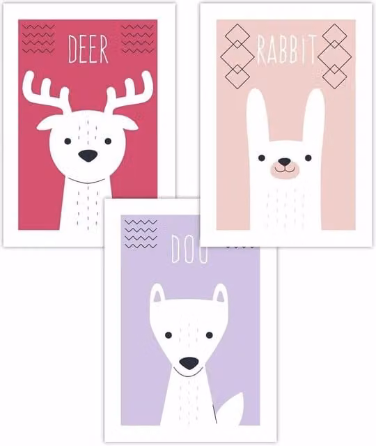 ARTZE Set of 3 Scandi Nursery Forest Animal Art Posters in Pink and Lilac, W: 42 cm, H: 59 cm
