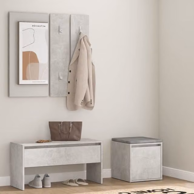 Berkfield Home Modern Hallway Furniture Set in Concrete Grey including Bench, Shoe Cabinet, Mirror and Wall Rack
