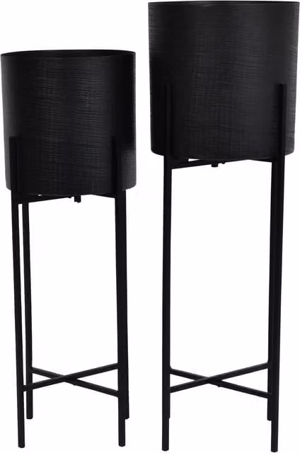 Libra Interiors Clyde Set of 2 Modern Round Metal Floor Standing Planters in Matt Black