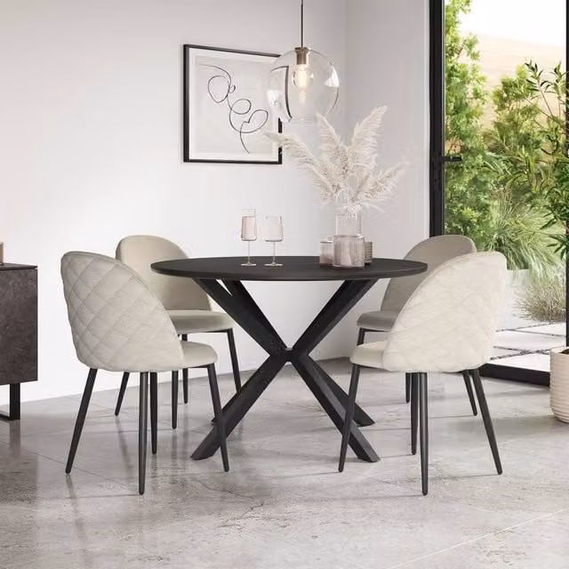 More4Homes Calne Round Ceramic Dining Table and 4 Raye Velvet Chairs in Beige and Black, Diameter: 120 cm, Height: 75 cm