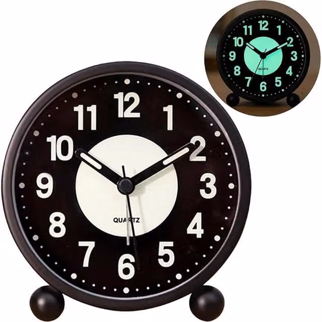 FLAVORA Black Analog Quartz Tabletop Alarm Clock with Silent Snooze Function