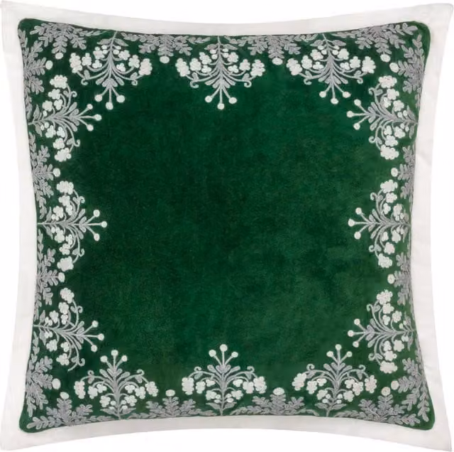 Make it a Home Winter Bloom Embroidered Green Velvet and Cotton Square Cushion