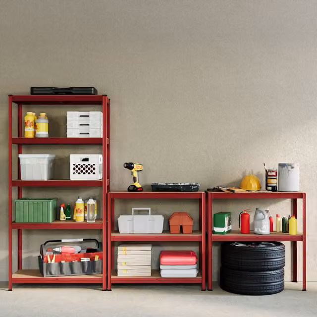 Home Discount Home Vida Set of 2 Red 5 Tier Heavy Duty Garage Shelves and Work Benches, W: 150 cm, D: 70 cm, H: 70 cm