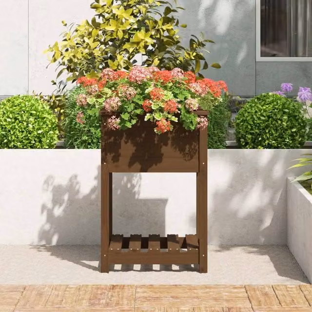 Berkfield Home Honey Brown Solid Wood Pine Planter with Shelf, W/D/H: 54 x 54 x 81 cm