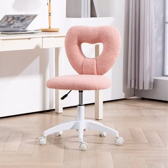HOMCOM Pink Teddy Fleece Heart Swivel Task Chair for Home Office