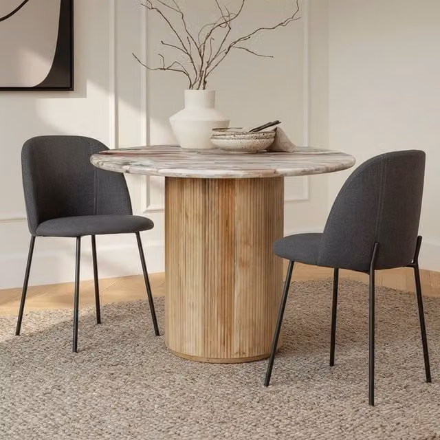 IH Design Ajmer Round Real Marble Dining Table with Pedestal Wooden Base, Tan, Diameter: 100 cm
