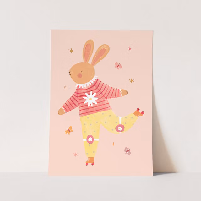 Kid of the Village Rollin' Rabbit Fine Art Paper Poster, W: 42 cm, H: 59.4 cm, Pink, White and Yellow
