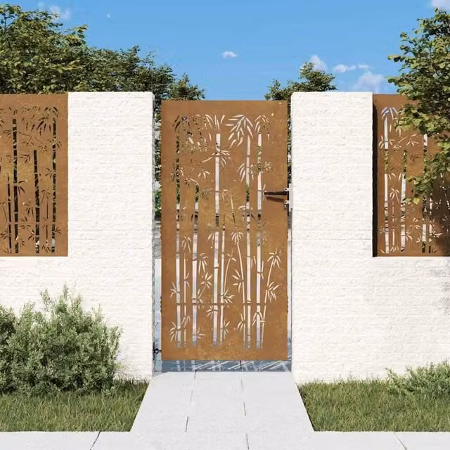 Berkfield Home Garden Gate in Brown Corten Steel with Bamboo Design, W: 85 cm, H: 200 cm