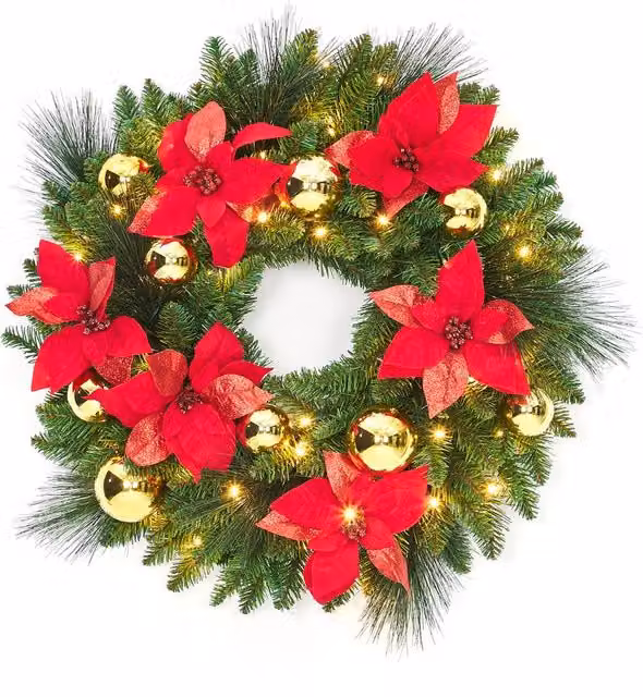 London Boutique Pre-Lit Christmas Wreath with LED Lights in Green, Diameter: 60.96 cm