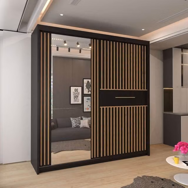 Clothify Single Mirror Sliding Door Wardrobe in Black, W: 150 cm, H: 217 cm
