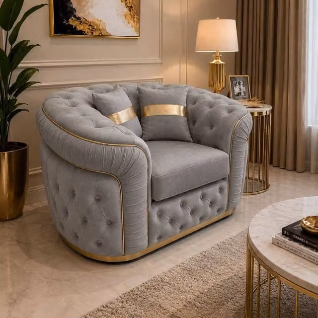 Stratus Interiors Ambassador Chesterfield Sofa in Mid Grey Plush Velvet with Gold Trim