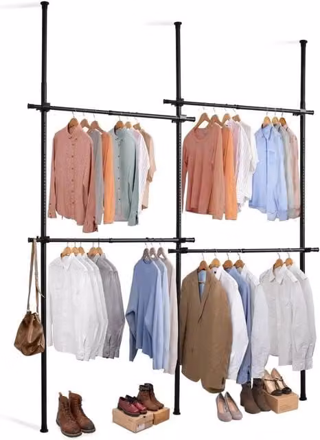 EONLION Adjustable Double Rail Clothes Rack in Matt Black Metal