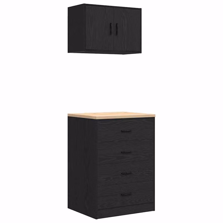 Berkfield Home Set of 2 Black Wall Mounted Garage and Workshop Cabinets in MDF Wood with Hinged Doors