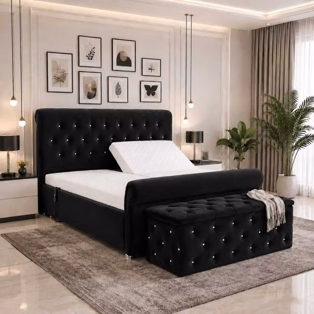 Harmony Adjustable Mobility Bed with Foam Mattress and Upholstered Headboard by K Mehmood Enterprise Ltd in Black and Silver