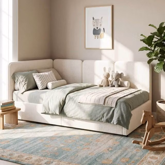 Merax Modern Beige Bouclé Upholstered Single Ottoman Daybed with Reversible Corner and Lift Up Base W/D/H: 190 x 90 x 76.5 cm