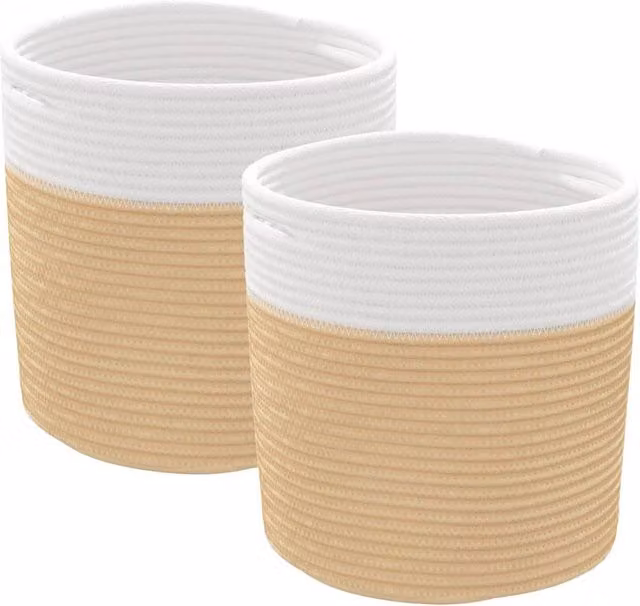 Berkfield Home Storage Baskets, 2 Pack, Beige and White Cotton Fabric, W/D/H: 28 x 28 x 28 cm