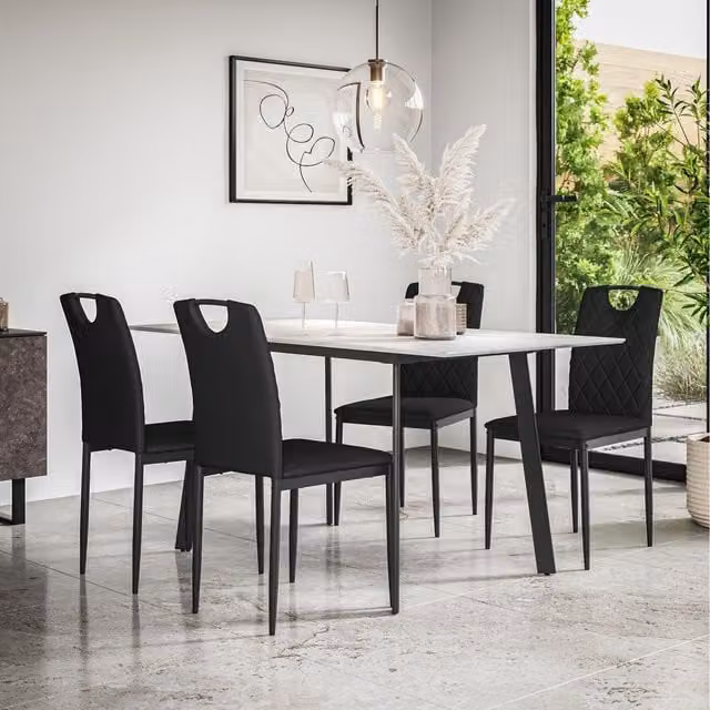 More4Homes Haydon Extending Marble Effect Dining Table and 4-6 Monza Faux Leather Chair Set in Black and White