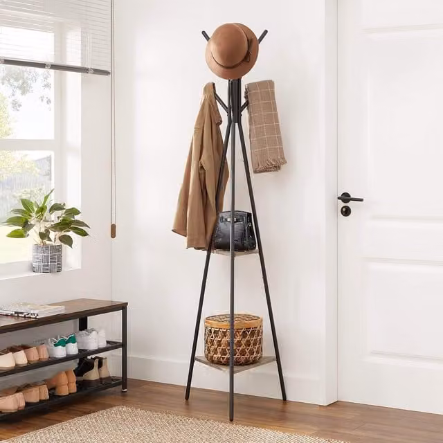The Bazaarist Industrial Entryway Coat Rack with Shelves in Grey and Black