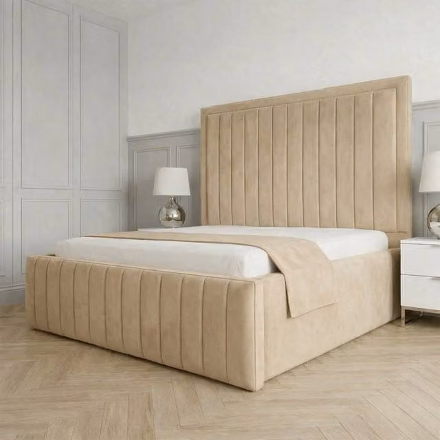 Living Comfort Bedz Sovereign Plush Velvet Upholstered Bed with Slatted Base and 48 Inch Headboard in Beige, Small Double