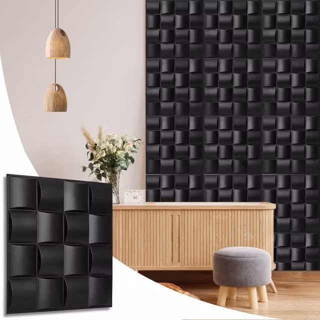 NOVECRAFTO Matte Black 3D Wall Panels with Square Grid Lattice Design, PVC Cladding, W/D/H: 50 x 50 x 0.25 cm
