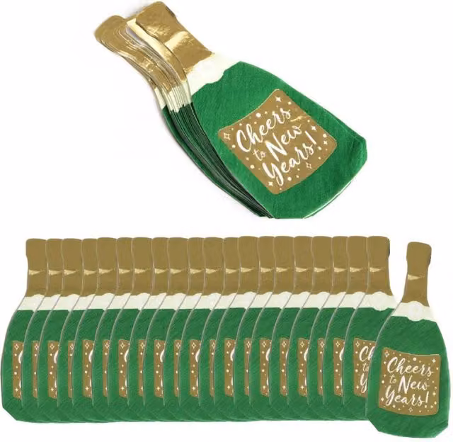 ILFD Group Ltd Pack of 20 Green and Gold New Years Champagne Bottle Napkins