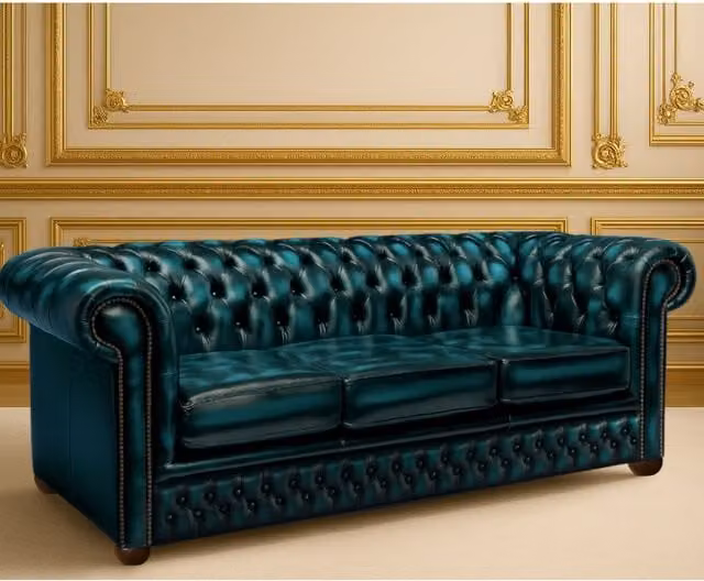 Somnior Beds Ltd Blue Vintage Leather Chesterfield 3 Seater Sofa