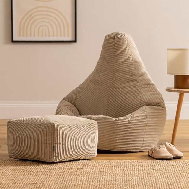 icon Dalton Corduroy Gaming Bean Bag Chair and Footstool in Stone
