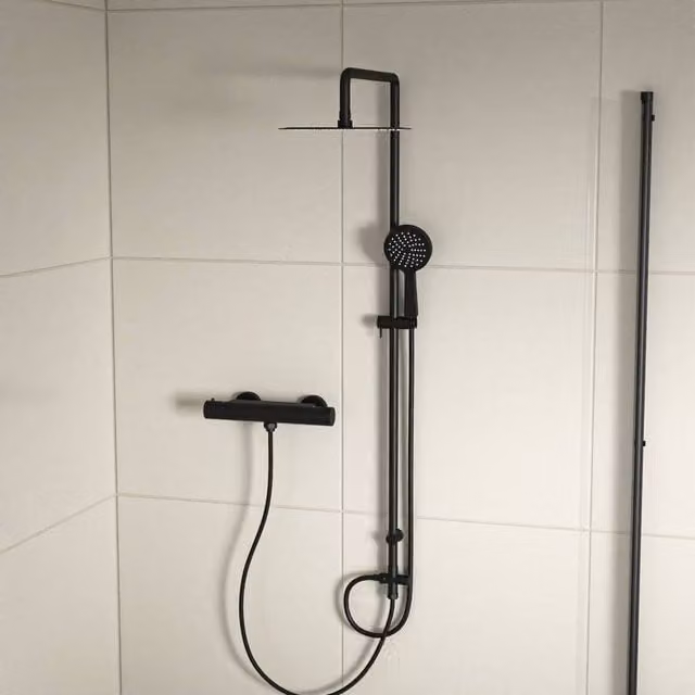 Nes Home Round Shower Kit with Thermostatic Valve and Single Outlet in Matte Black, H 150 cm x W 20 cm