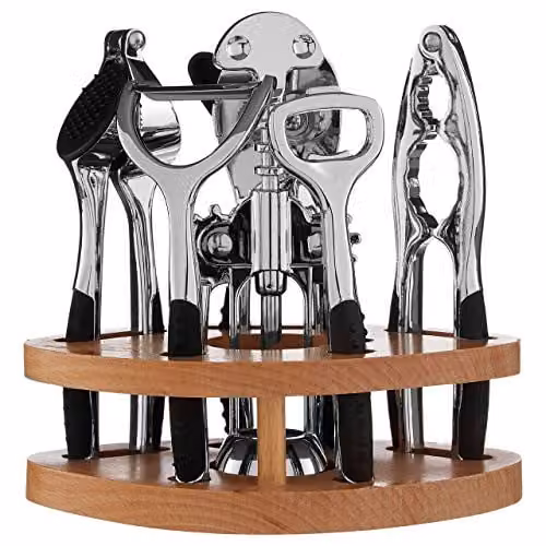 Orsina 7-Piece Silver Kitchen Tool Set with Natural Wood Stand