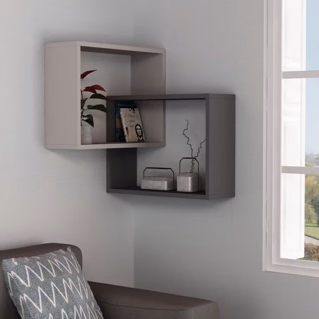 Decortie Ring Corner Wall Mounted Modern Bookcase Display Unit in Anthracite Grey, W/D/H: 60 x 60 x 68 cm