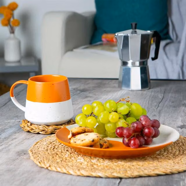 Nicola Spring Dipped Flecked Mug and Plate Set, Burnt Orange, 8 Piece Pack, Diameter: 20.5 cm