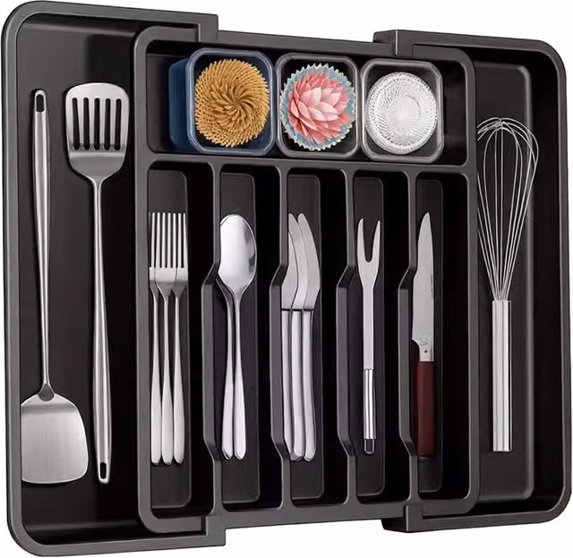 EONLION Black Plastic Extendable Cutlery Drawer Organiser and Utensil Tray