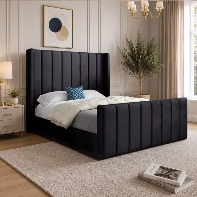 Casani Sherington Straight Winged Designer Bed Frame in Black Soft Velvet, W/D/H: 137 x 120 x 200 cm
